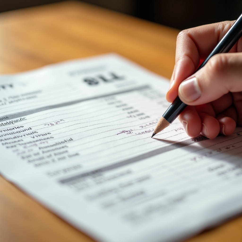 Close-up of a utility bill being reviewed and annotated with a pen on a wooden table
