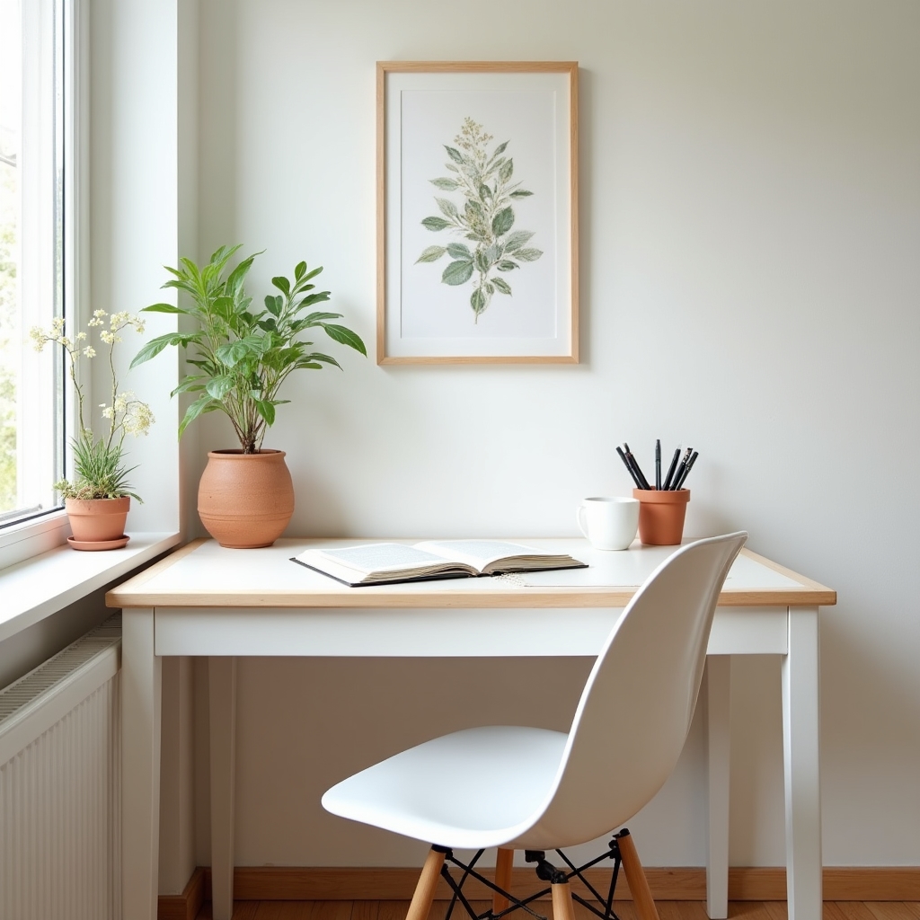 Calm, naturally lit workspace with plants, notebook and coffee cup, evoking a relaxed learning environment