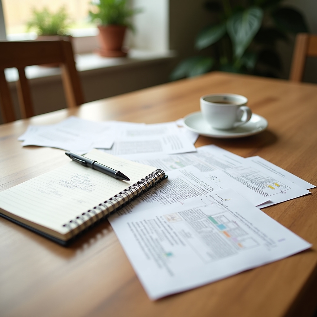 Wide shot of lesson materials spread on a table including notebooks, printed guides and a coffee cup, warm overhead light