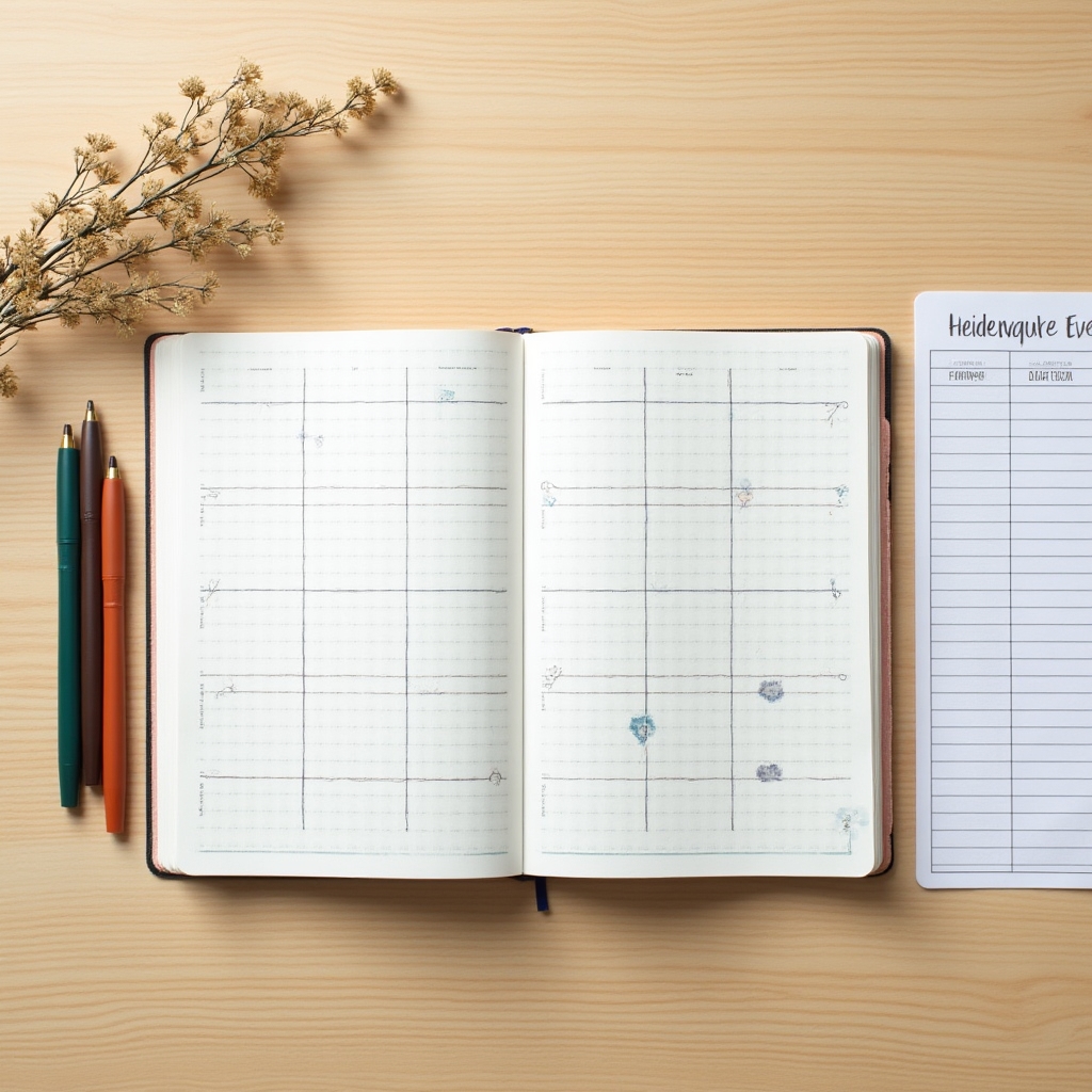Monthly planner open on a clean desk with colored pens and a simple expense tracking sheet beside it