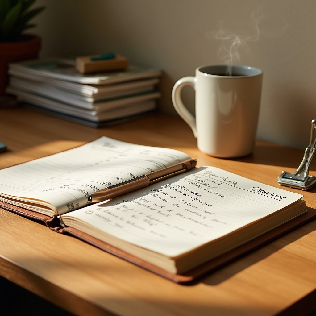 Neatly organized desk with planner, pen and simple notes for financial planning
