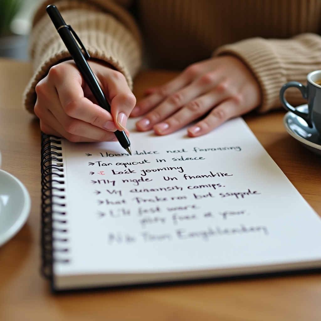 Person writing clear notes on paper with simple, readable language, close-up warm light