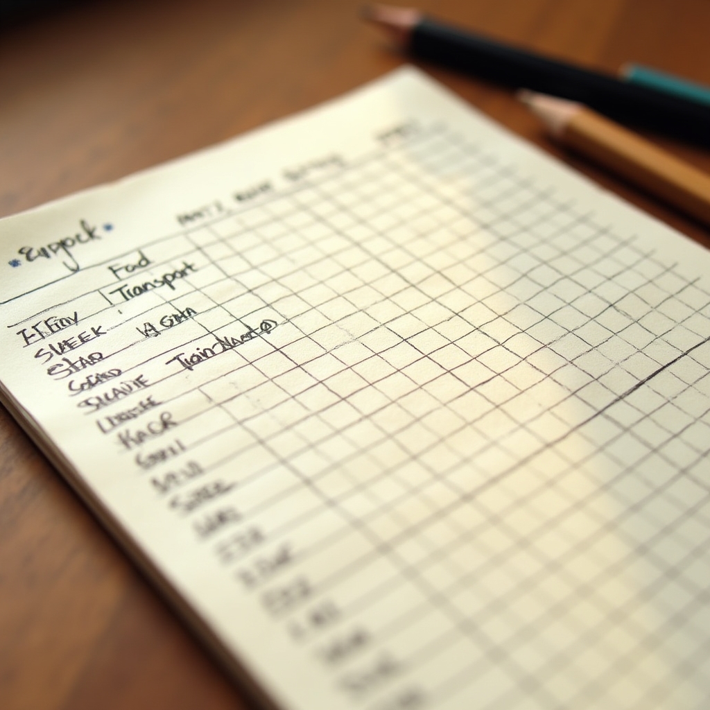 Simple handwritten expense tracker on graph paper with categories and totals visible, warm natural light