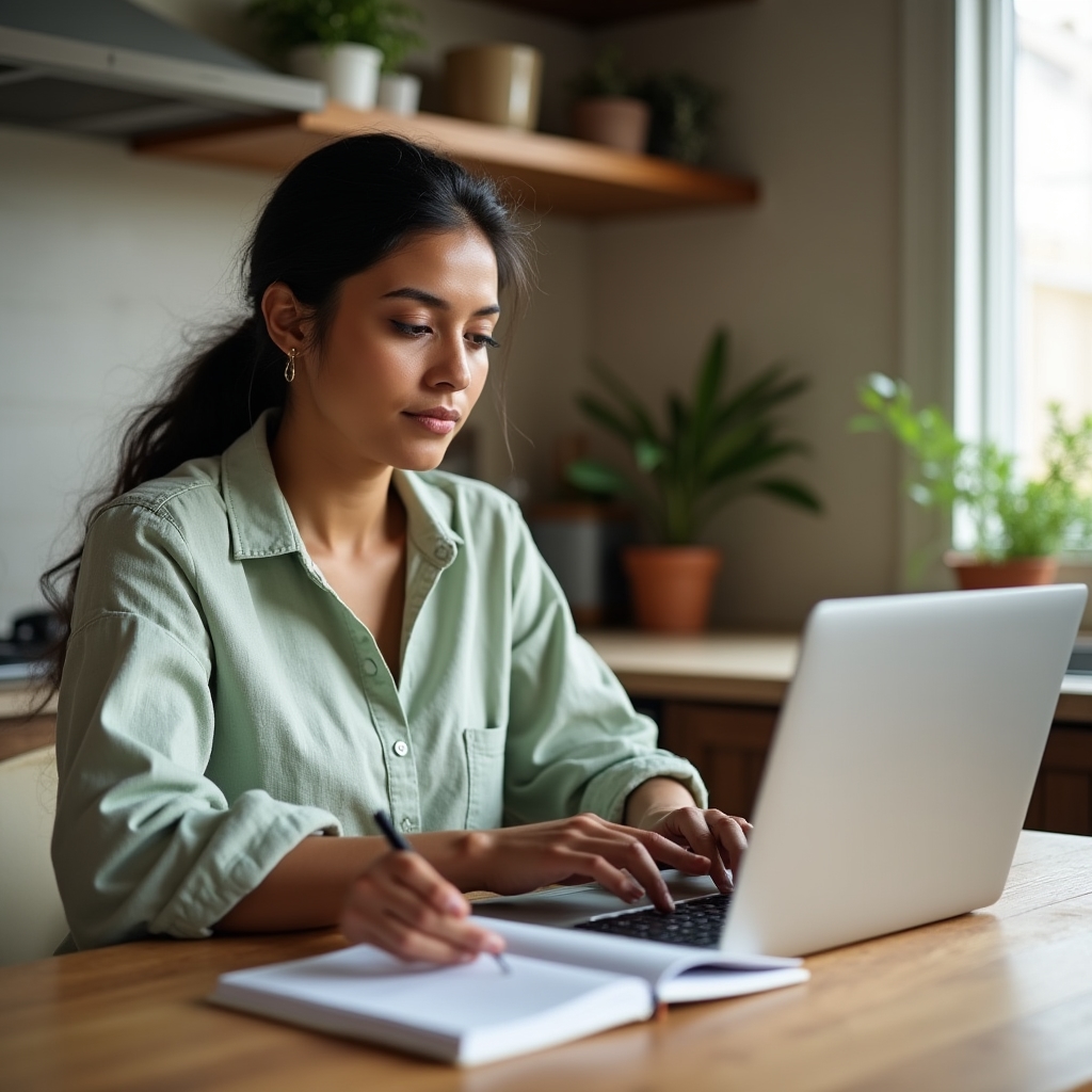 Person learning on laptop at home, calm and focused environment with warm lighting